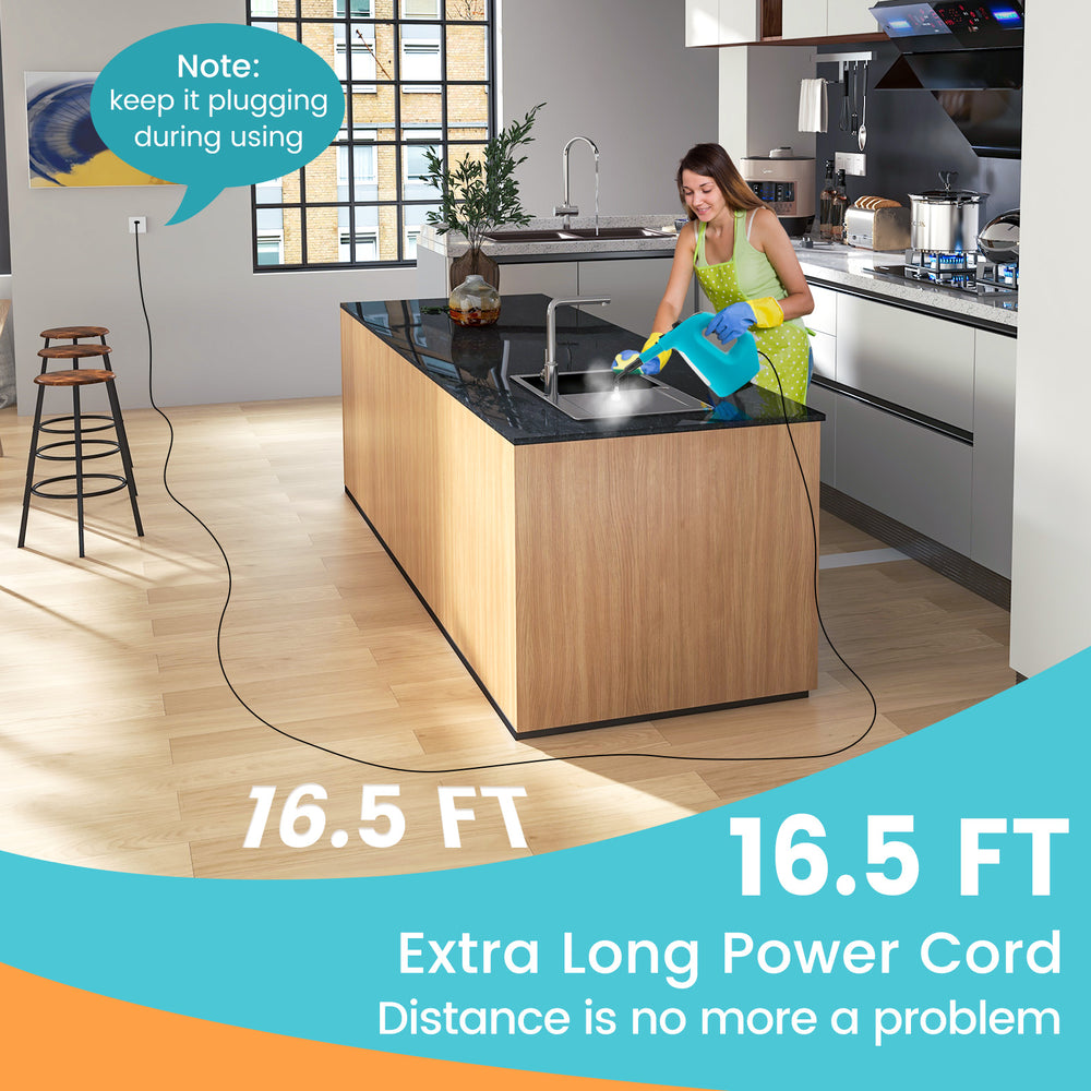 Handheld steam cleaner with 16.5 ft power cord, ergonomic design, and 14-piece accessory kit for versatile cleaning.