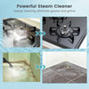 1400W handheld steam cleaner with accessories, effectively removing grease and grime from kitchen and bathroom surfaces.