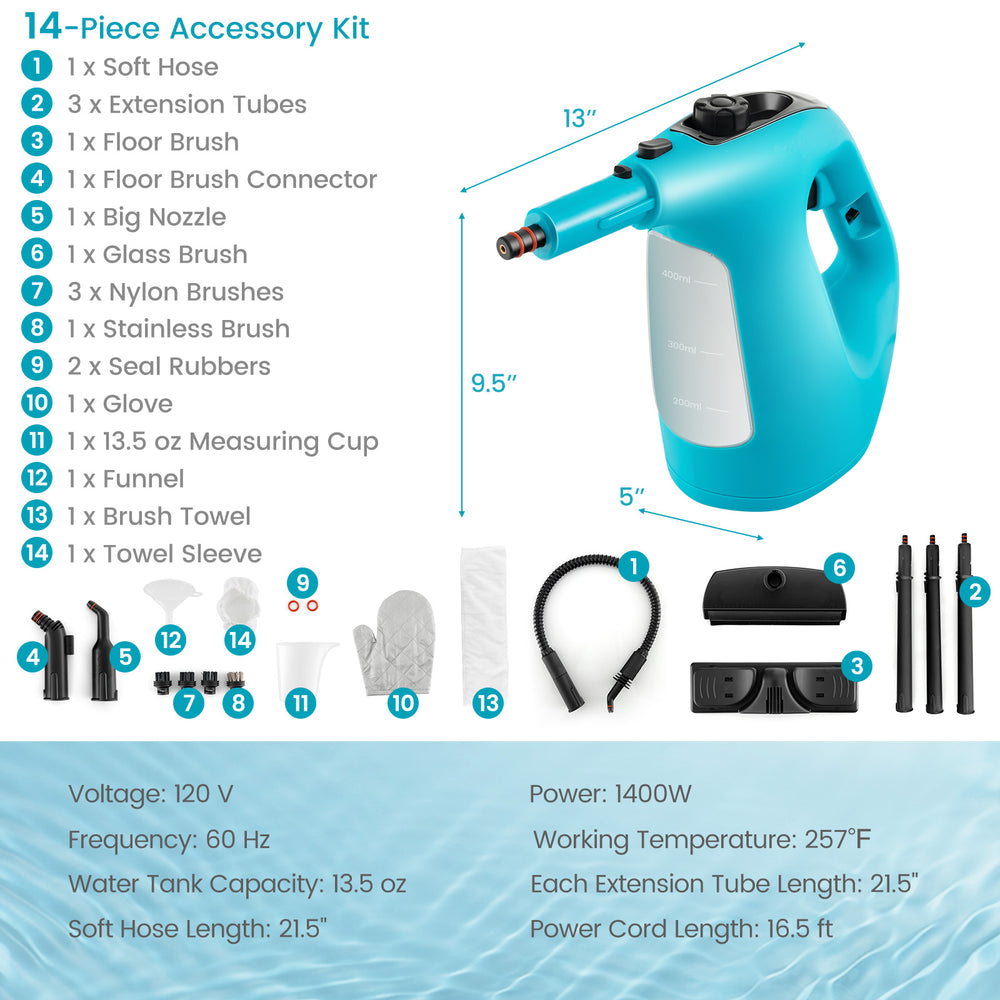 1400W handheld steam cleaner in blue with 14-piece accessory kit, featuring ergonomic handle and safety lock for easy.