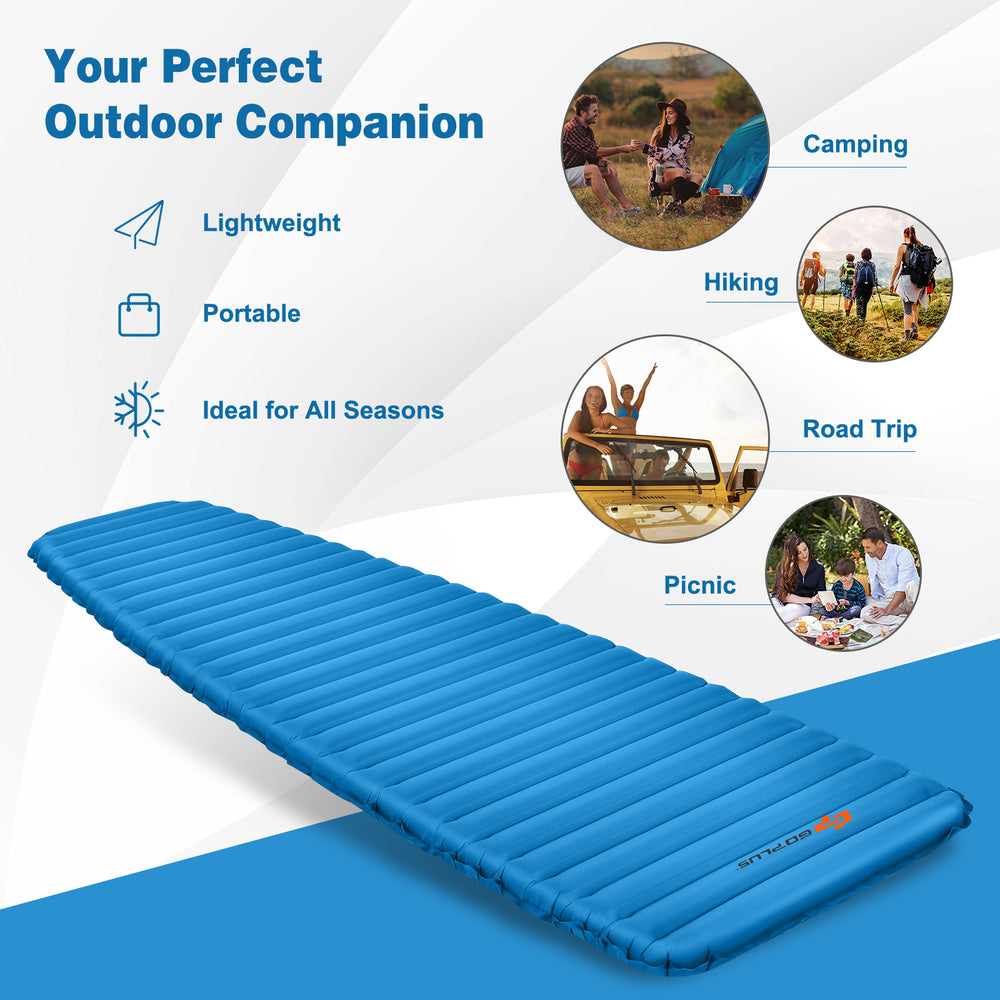 Blue 3-inch thick inflatable camping sleeping pad, lightweight and waterproof, ideal for hiking and outdoor activities.