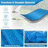 Close-up of the blue 3-inch thick inflatable camping sleeping pad featuring waterproof nylon and TPU coating for.