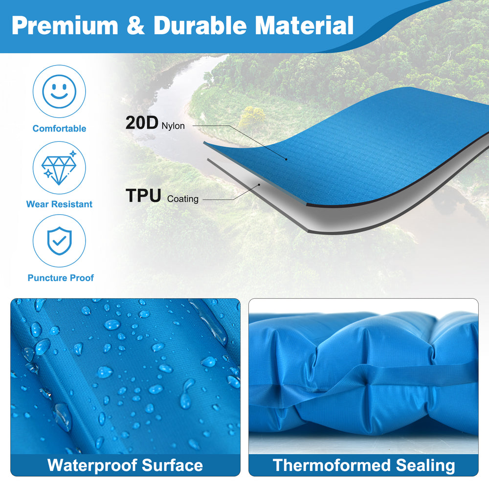 Close-up of the blue 3-inch thick inflatable camping sleeping pad featuring waterproof nylon and TPU coating for.