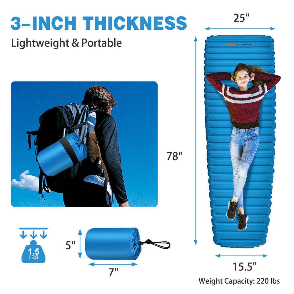 Blue 3-inch thick inflatable camping sleeping pad, lightweight, waterproof, ideal for hiking and outdoor trips.