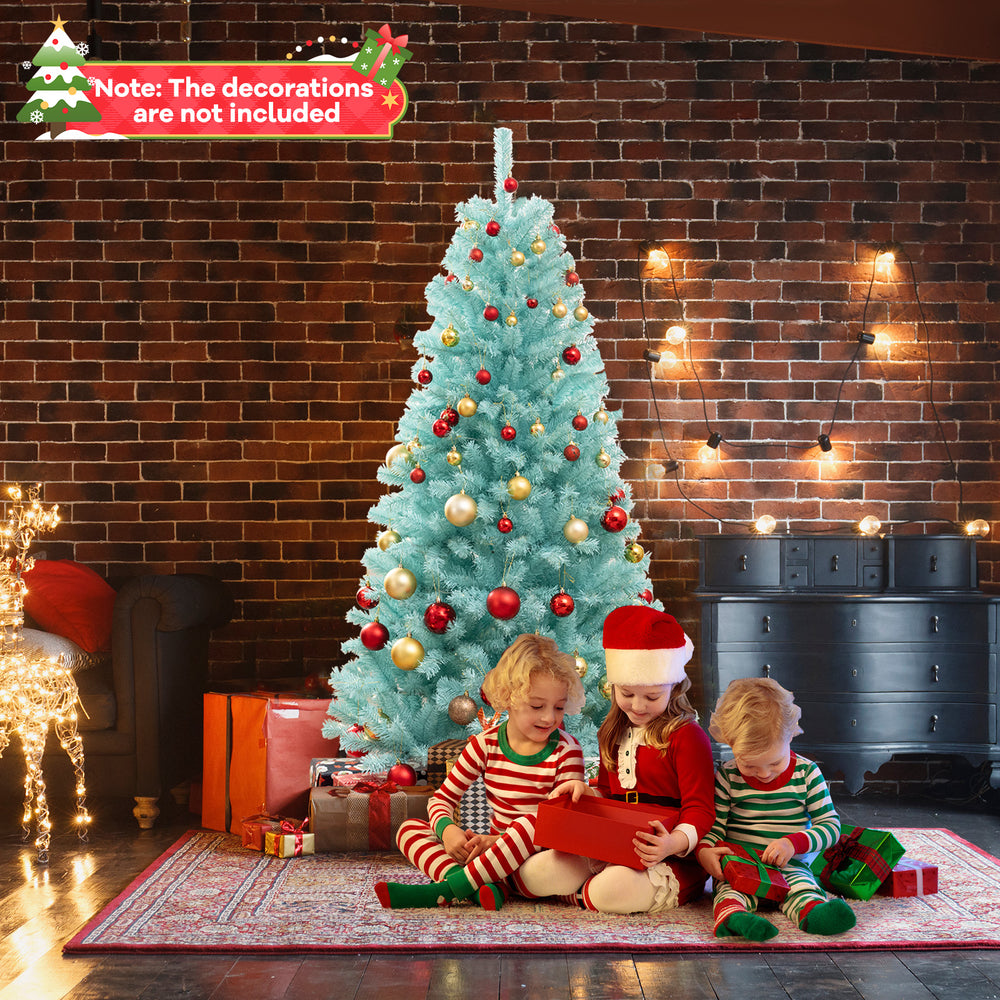 6 FT blue artificial Christmas tree with warm white LED lights, set up in a cozy room with children enjoying gifts.