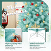 6 FT blue artificial Christmas tree with warm white LED lights, featuring a stable crossed metal base and PVC material.
