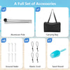 Aluminum pole, carrying bag, ground stakes, elastic cord, and sand shovel for the 20 x 20 feet beach canopy tent.