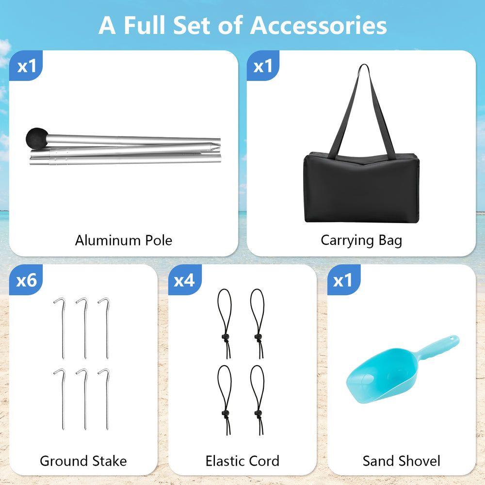 Aluminum pole, carrying bag, ground stakes, elastic cord, and sand shovel for the 20 x 20 feet beach canopy tent.