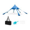 Blue 20 x 20 feet beach canopy tent with UPF50+ sun protection, includes sand shovel, stakes, and portable carrying bag.