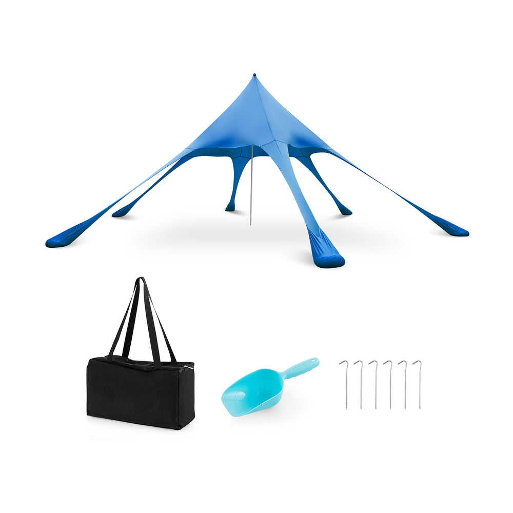 Blue 20 x 20 feet beach canopy tent with UPF50+ sun protection, includes sand shovel, stakes, and portable carrying bag.
