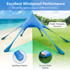 Blue 20 x 20 feet beach canopy tent with UPF50+ sun protection, featuring a stable triangular structure and sandbag.