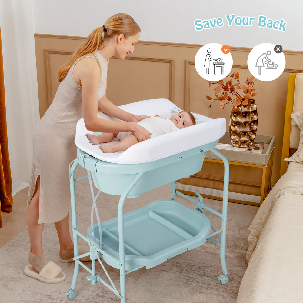 Folding Baby Changing Table with Bathtub and 4 Universal Wheels-Blue - Gallery View 1 of 11