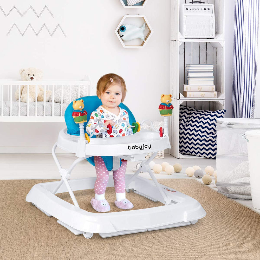 Adjustable height baby walker in blue with removable toys, featuring a washable seat pad and extra wide base for.