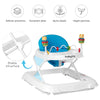 Adjustable height baby walker in blue with removable toy, foldable design, and wide base for stability and comfort.
