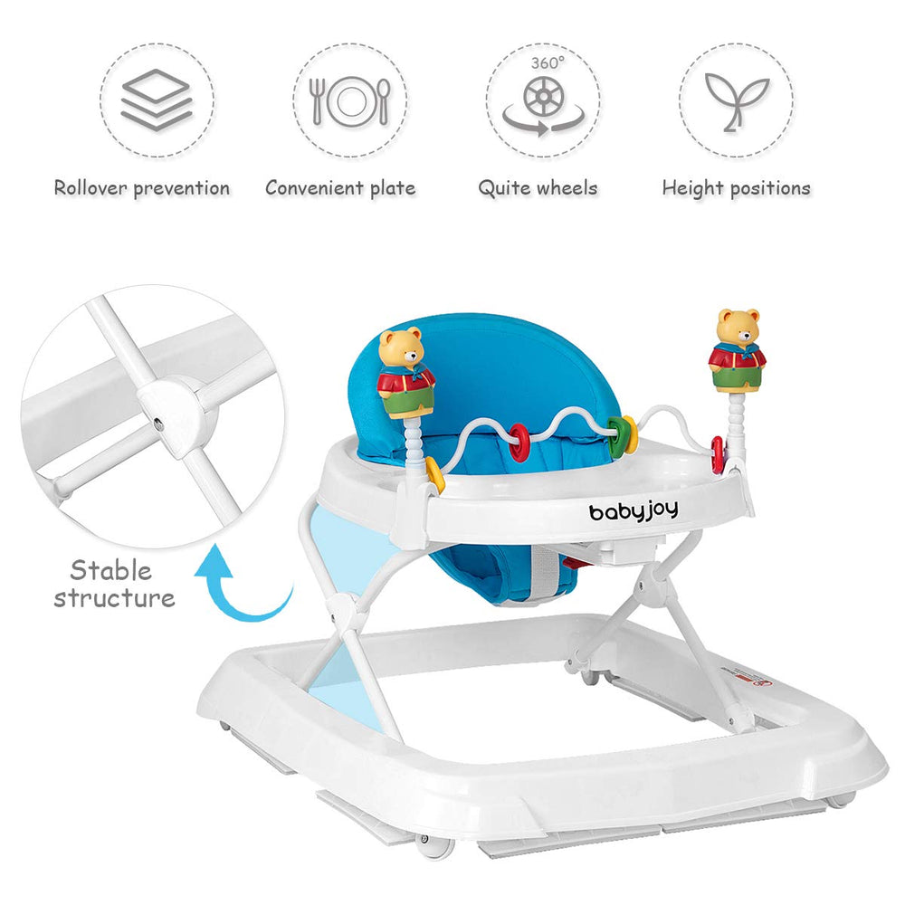 Adjustable height baby walker in blue with removable toy, foldable design, and wide base for stability and comfort.