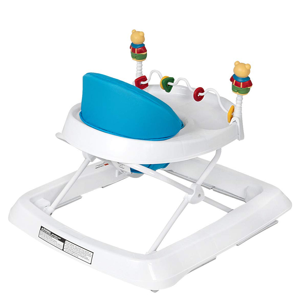 Adjustable height baby walker in blue with removable toy, foldable design, and supportive high back for comfort.