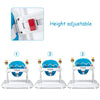 Adjustable height baby walker in blue with removable toy, foldable design, and washable seat pad for easy cleaning.