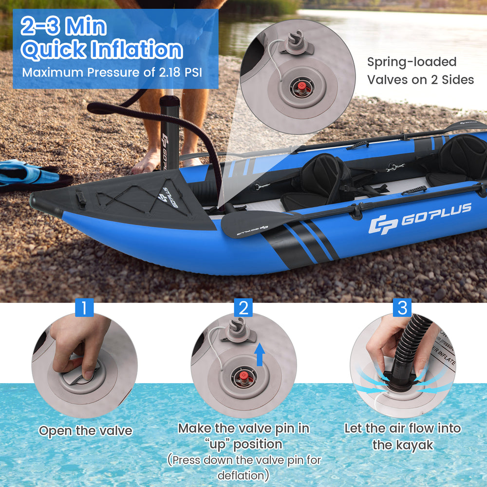 Inflatable 2-person kayak with spring-loaded valves for quick inflation, featuring durable aluminium oars and.