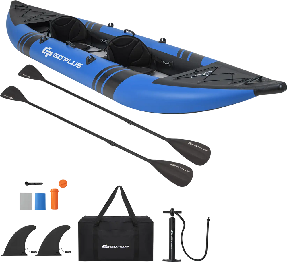 Inflatable 2-person kayak set in blue with aluminium oars, detachable fins, and adjustable seats for comfortable.