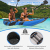 Inflatable 2-person kayak in blue with adjustable EVA seat and durable aluminium oars for comfortable paddling.