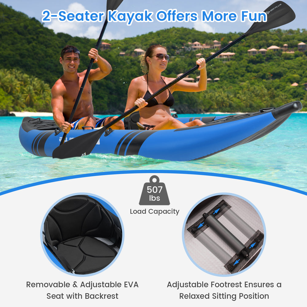 Inflatable 2-person kayak in blue with adjustable EVA seat and durable aluminium oars for comfortable paddling.