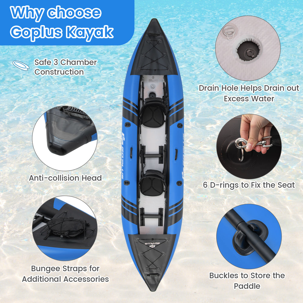 Inflatable 2-person kayak set in blue with adjustable seat, durable oars, and drainage hole for excess water.