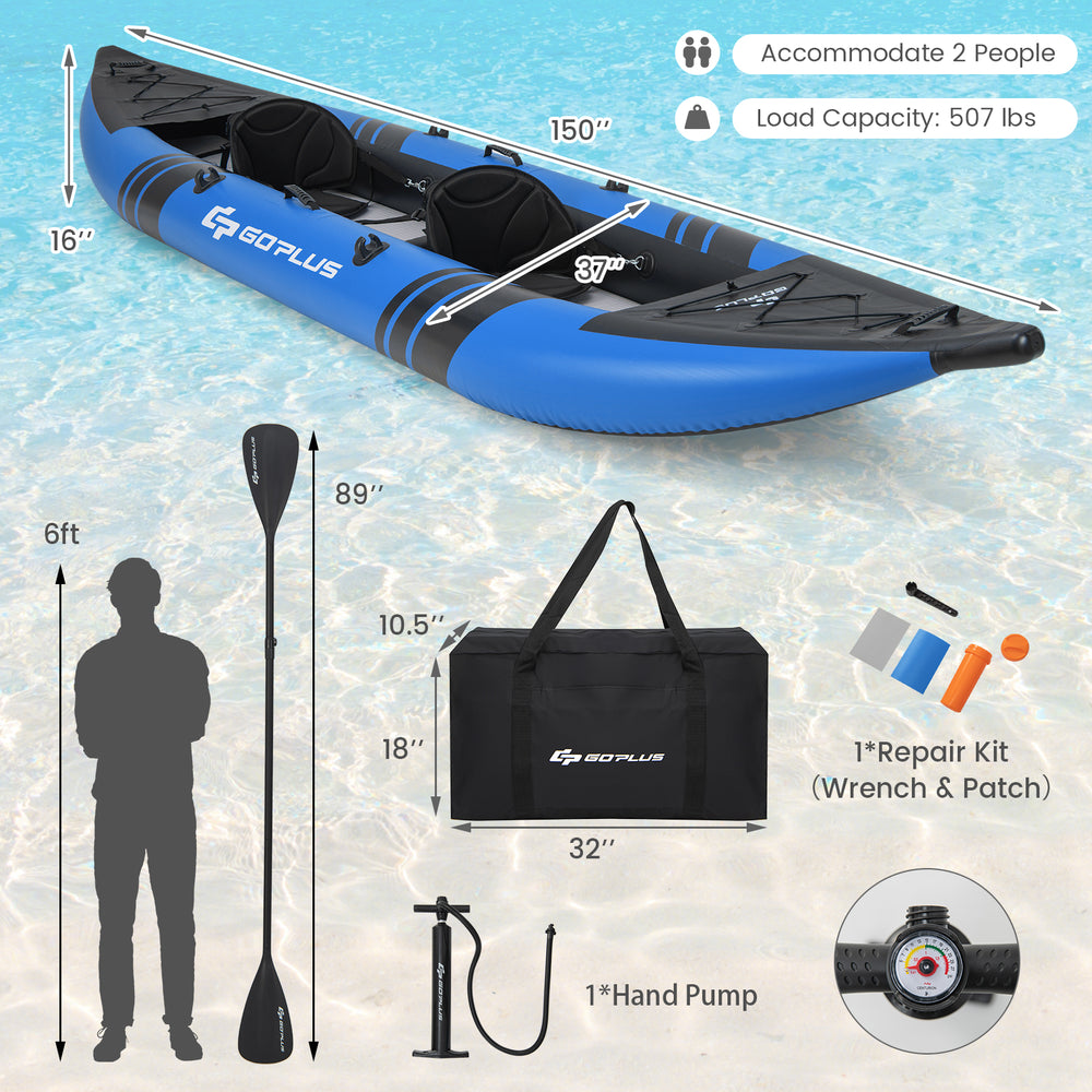 Inflatable 2-person kayak set in blue with adjustable seats, aluminium oars, and a repair kit for water adventures.