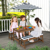 Kids picnic table and bench set with cushions and adjustable blue umbrella, ideal for outdoor play and relaxation.