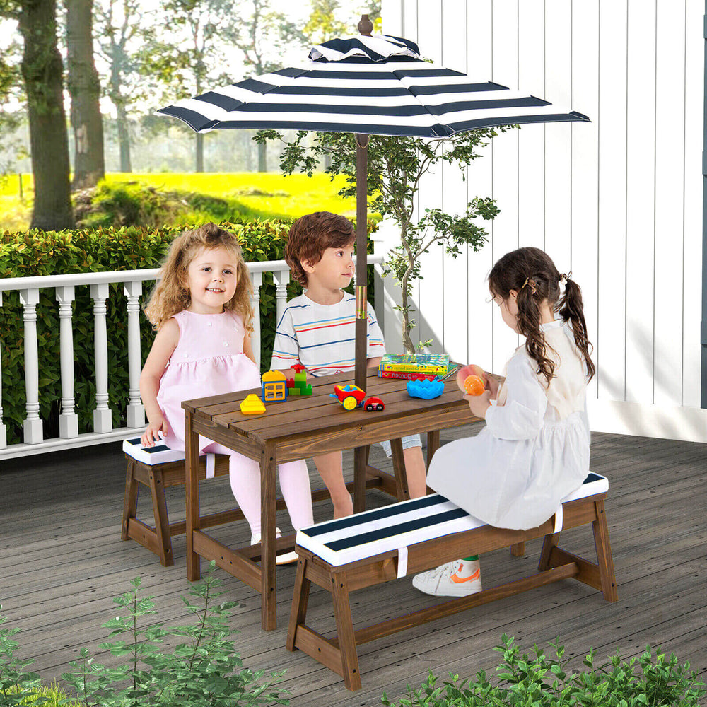 Kids picnic table and bench set with cushions and adjustable blue umbrella, ideal for outdoor play and relaxation.