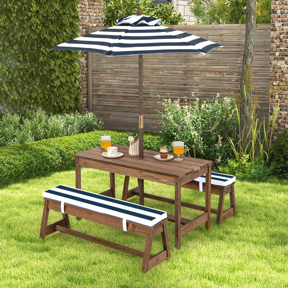 Kids picnic table and bench set featuring a height adjustable blue umbrella, perfect for kids' outdoor activities and.
