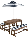 Kids picnic table and bench set in blue with cushioned seats and adjustable umbrella for outdoor fun and relaxation.