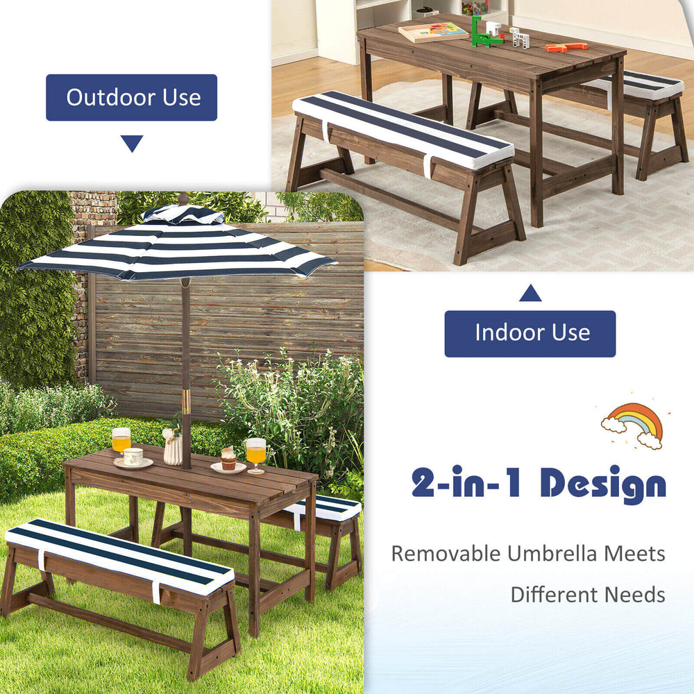 Kids picnic table and bench set with blue cushions and adjustable umbrella, ideal for indoor and outdoor use.