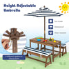 Kids picnic table and bench set with height adjustable blue umbrella, featuring cushioned seats for comfort and sun.