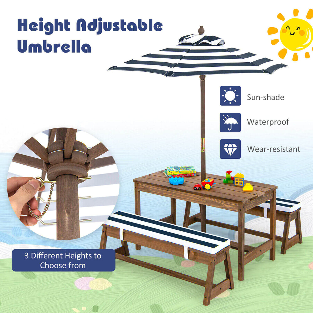 Kids picnic table and bench set with height adjustable blue umbrella, featuring cushioned seats for comfort and sun.