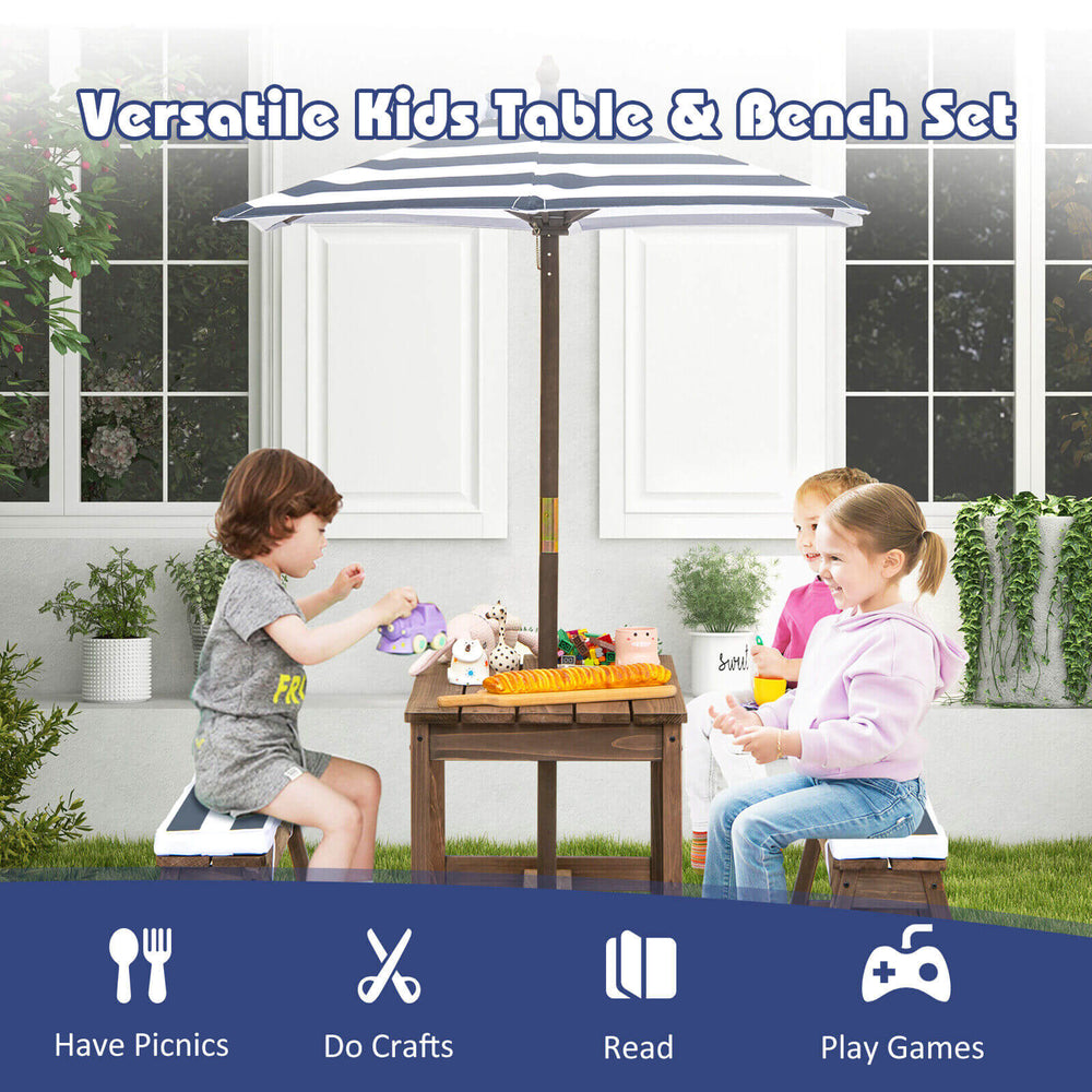 Kids picnic table and bench set with cushions and adjustable umbrella, perfect for outdoor play and crafts.