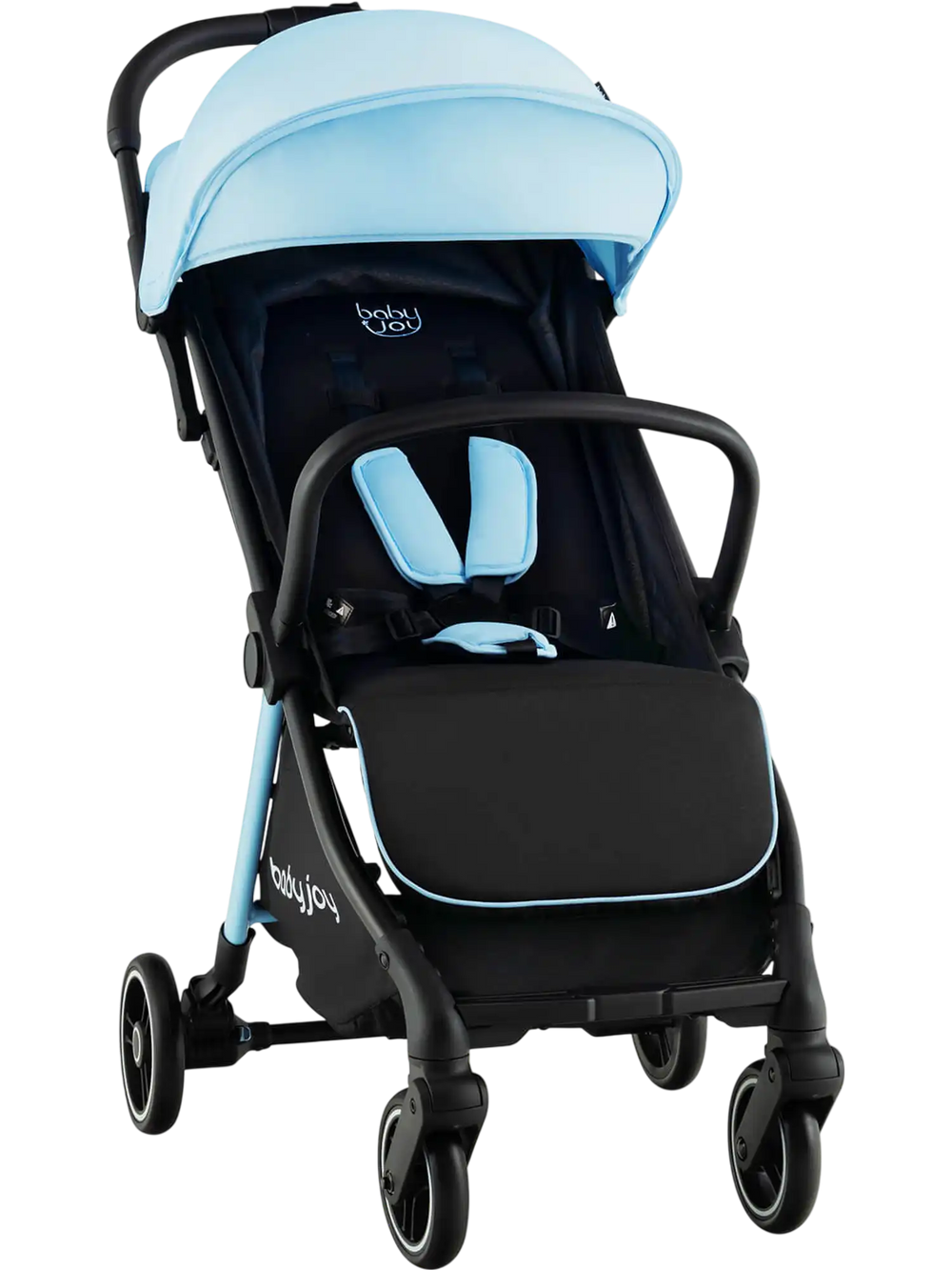 Lightweight blue baby stroller with aluminum frame, one-hand folding design, and anti-shock wheels for easy travel.