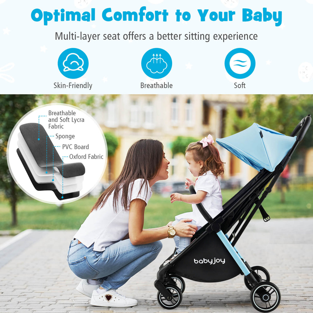 Lightweight blue baby stroller with aluminum frame, multi-position recline, and one-hand folding design for easy.