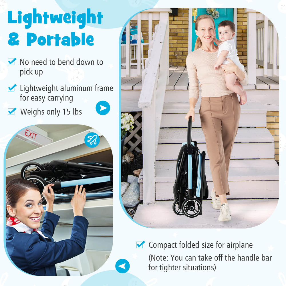 Lightweight blue baby stroller with aluminum frame, one-hand folding design, and compact size for easy travel.