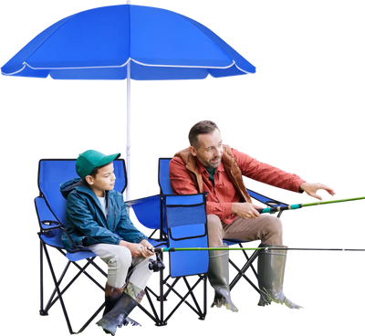 Costway Camping Furnitures Portable Folding Picnic Double Chair with Umbrella Blue New