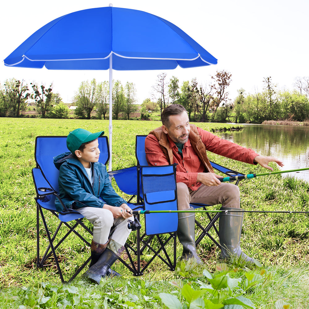 Portable Folding Picnic Double Chair with Umbrella-Blue - Gallery View 1 of 10