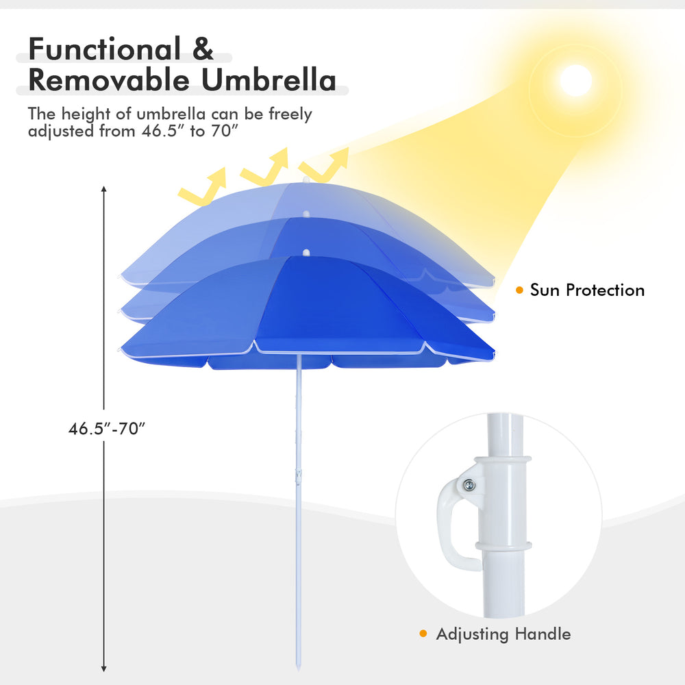 Portable folding picnic chair set with blue umbrella, adjustable height for sun protection, ideal for outdoor use.
