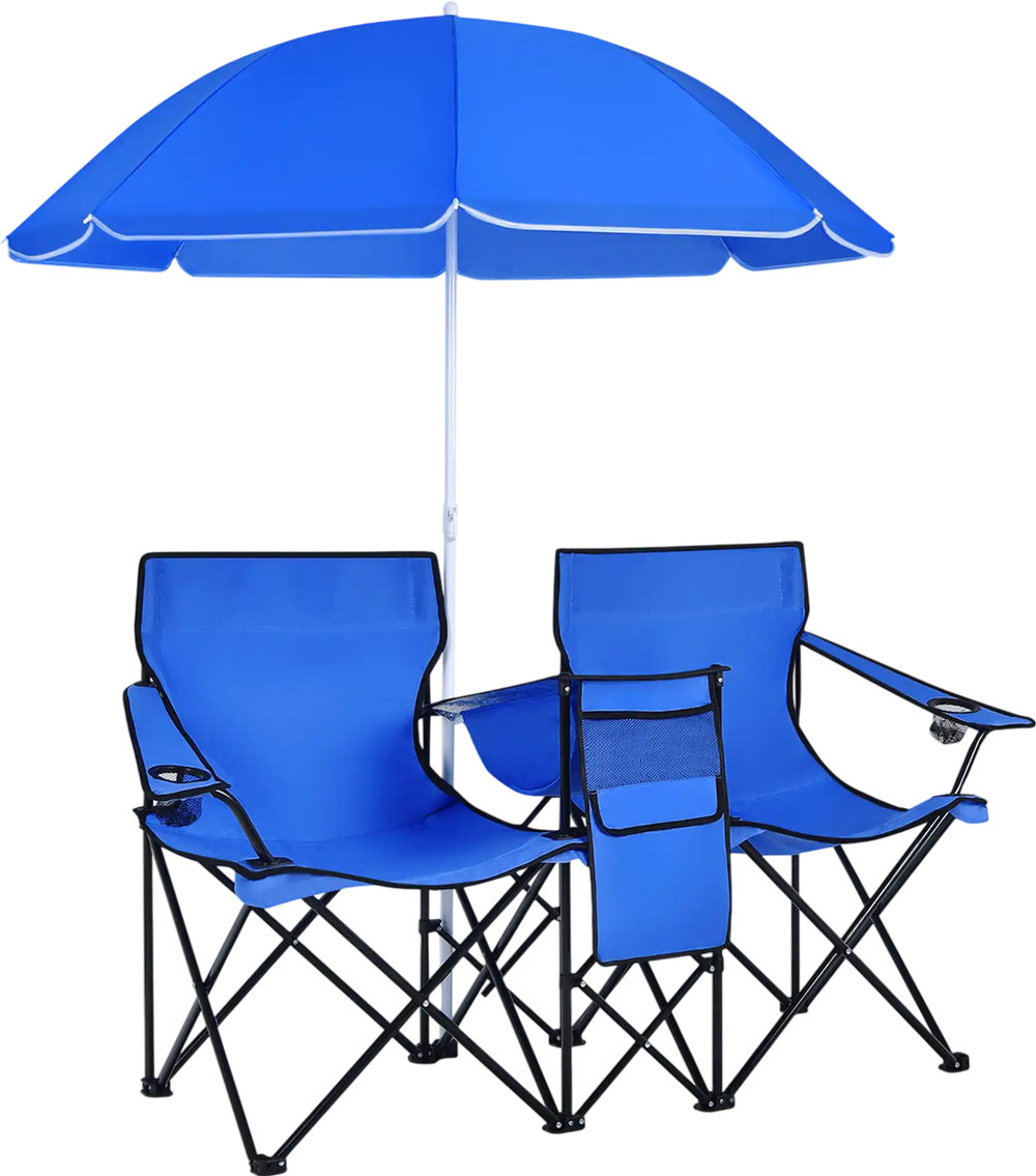 Portable folding picnic double chair set with blue fabric and umbrella, ideal for outdoor use and easy transport.