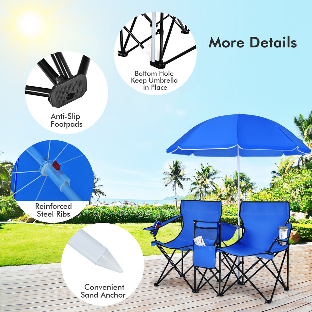 Portable folding picnic double chair set with blue umbrella, featuring cup holders and side pockets for outdoor.