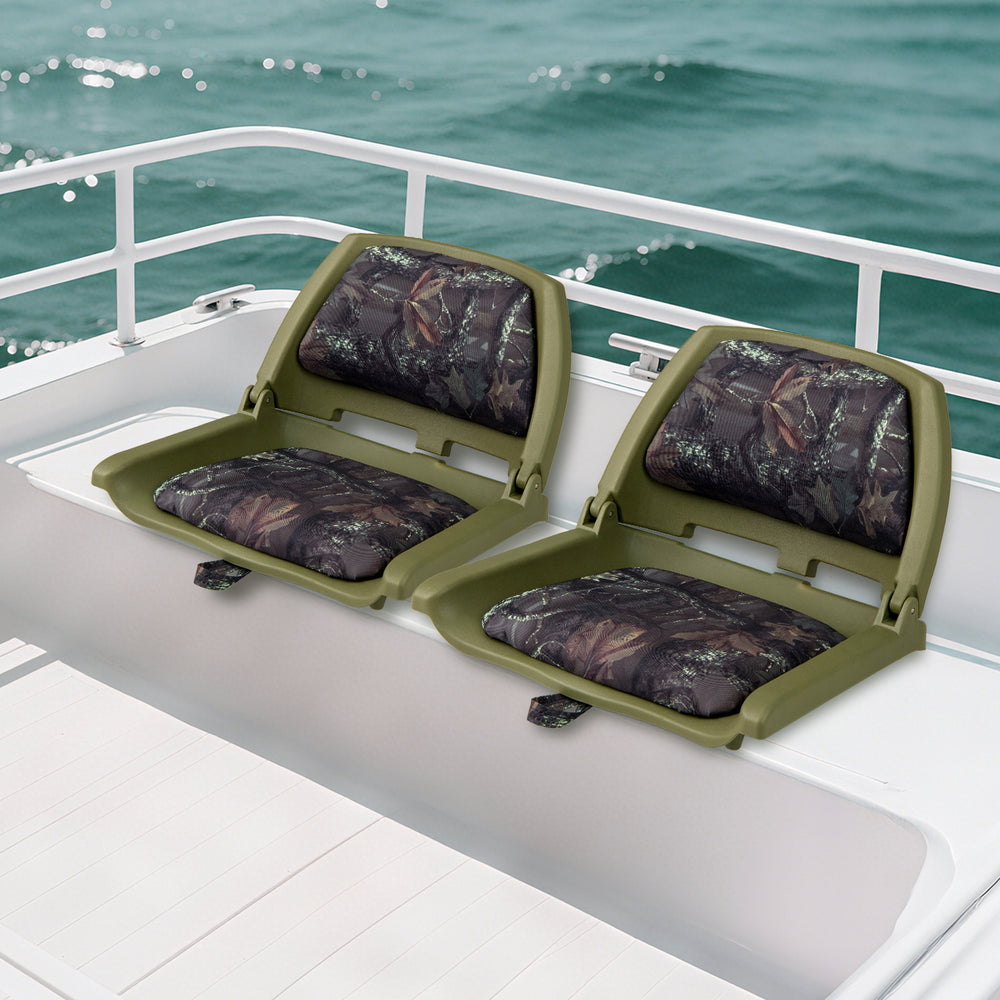 Folding low back boat chair with marine-grade PVC, green frame, and camo cushions for secure and comfortable seating.