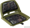 Folding low back boat chair in green with camouflage upholstery, marine-grade PVC, and ergonomic support for outdoor.