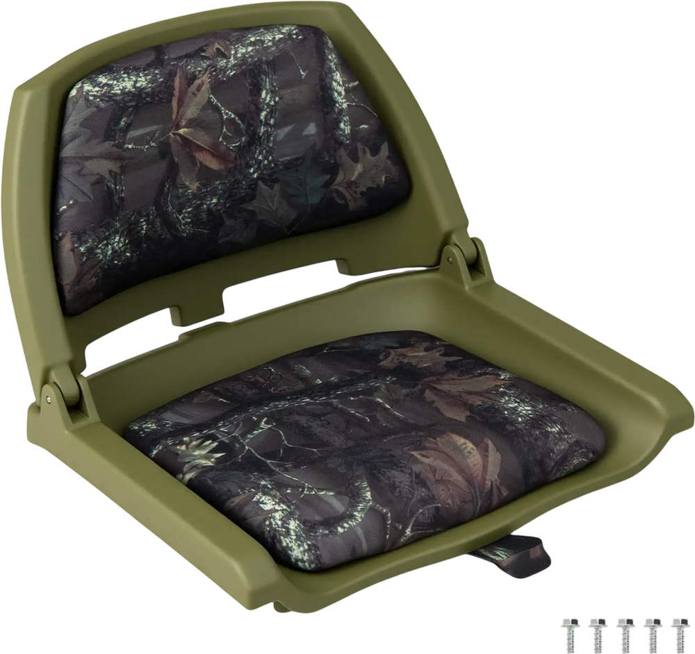 Folding low back boat chair in green with camouflage upholstery, marine-grade PVC, and ergonomic support for outdoor.