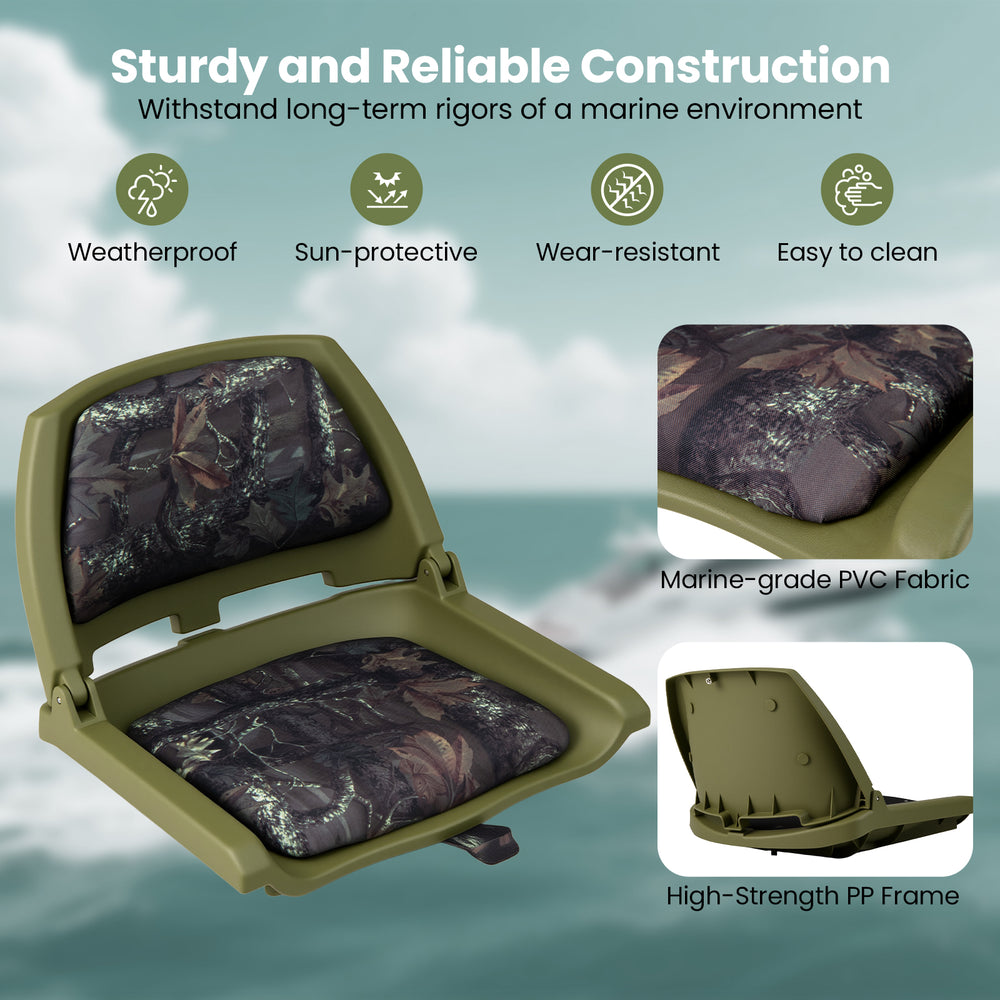Folding low back boat chair in green with marine-grade PVC fabric, weatherproof design, and ergonomic support for.