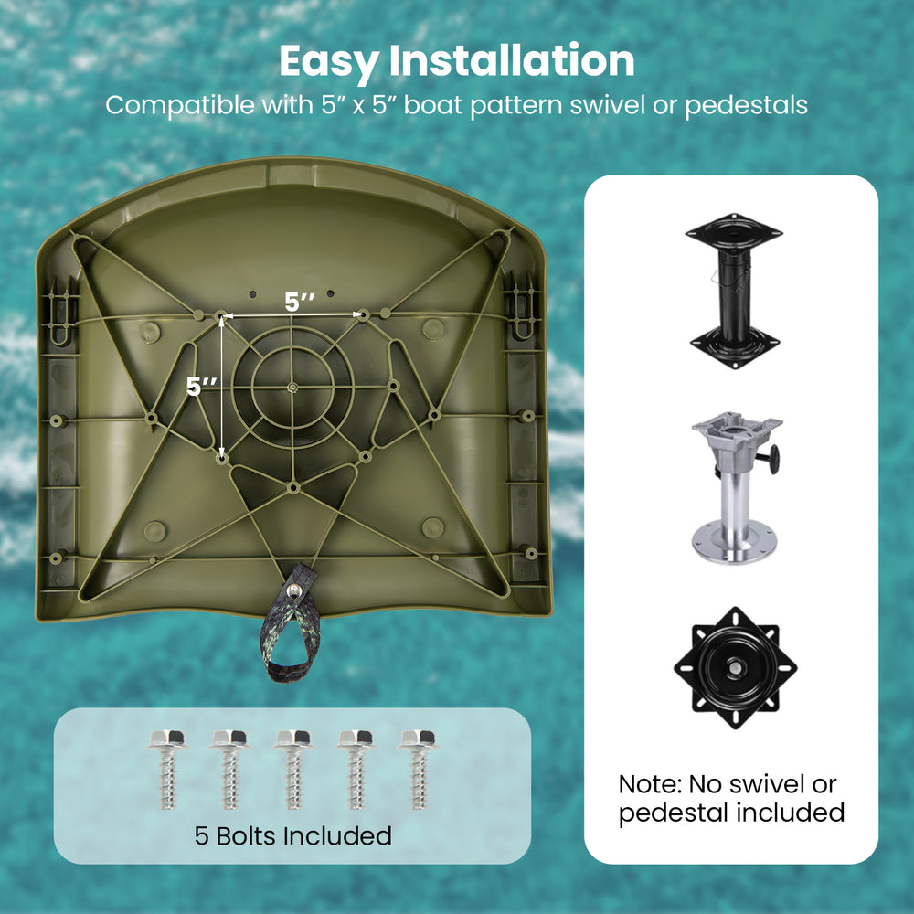 Folding low back boat chair base with 5" x 5" bolt pattern, includes 5 bolts for easy installation and secure seating.