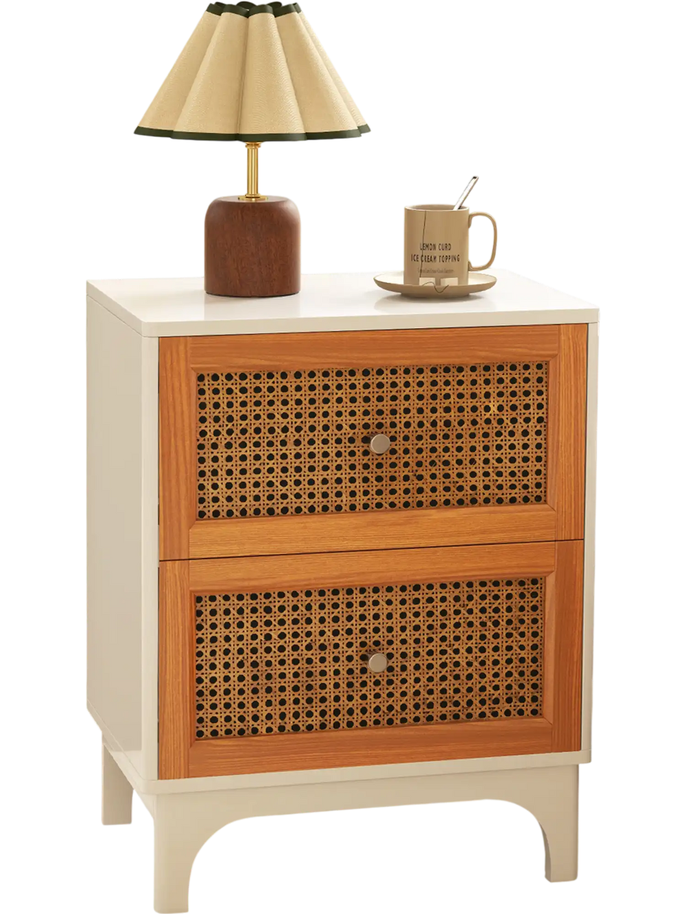Boho accent table nightstand with handwoven rattan drawers and solid wood legs, perfect for bedside storage and decor.