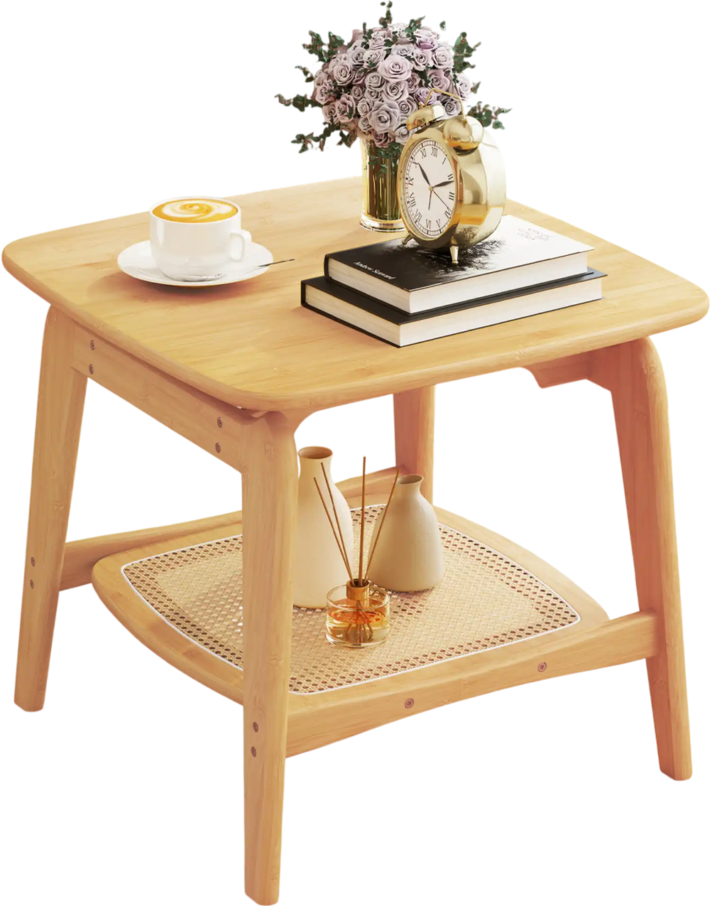 Boho bamboo sofa side table with faux rattan shelf, showcasing its elegant design and 2-tier storage in a cozy setting.