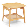 Boho bamboo side table with faux rattan storage shelf, featuring a curved design and two-tier storage for living spaces.